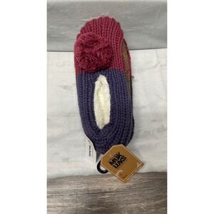 Muk Luks Slipper Socks Women SM 6-8 Purple Knit Faux Fur Shea Butter Pom Pom NEW